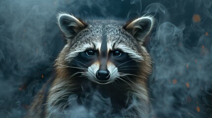Fototapeta premium A close-up of a raccoon's face with smoke emerging from its back