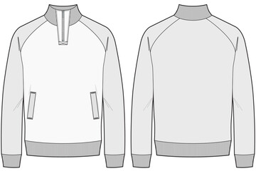 Half-Zip Longsleeve Fleece sweatshirt design vector flat sketch fashion illustration CAD template front and back views