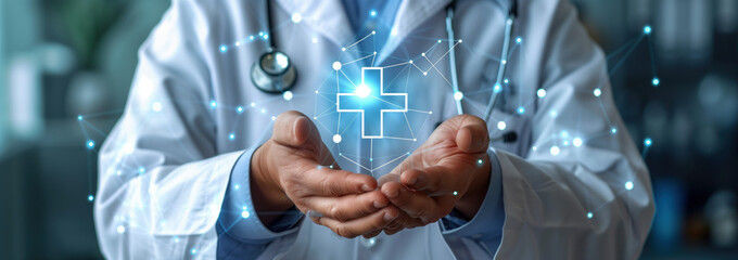 Close up doctor with red cross medical icon at hospital background.