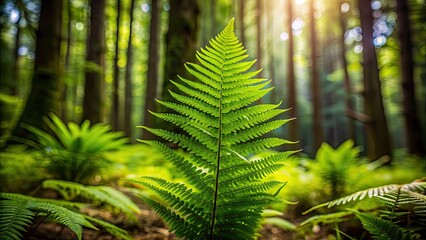 Obraz premium Lush green fern growing in a dense forest, nature, plant, foliage, growth, woodland, lush, green, environment, outdoors