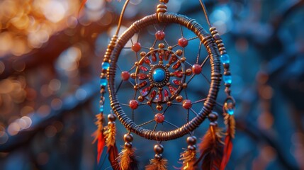 Dreamcatcher with Blue and Red Beads and Feathers