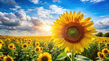 Fototapeta premium Vibrant yellow sunflower blooming in a field under the sunny sky, bright, blossom, nature, petals, plant, garden, growth
