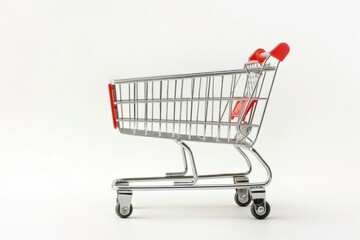 Shopping cart with red handle and silver frame