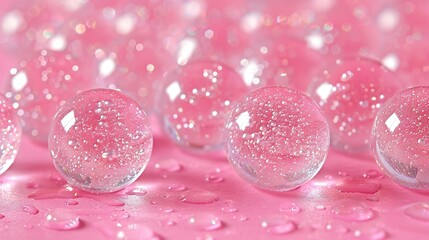   Group of pink-colored bubbles floating above a water surface with droplets below