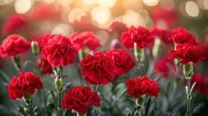   A field of red carnations, bathed in soft light, with a blurred background