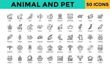 Animal and Pet icon set with dog, cat, bird, fish, rabbit, hamster, guinea pig, turtle, horse, pony, snake, lizard, frog, mouse icon. Simple line vector