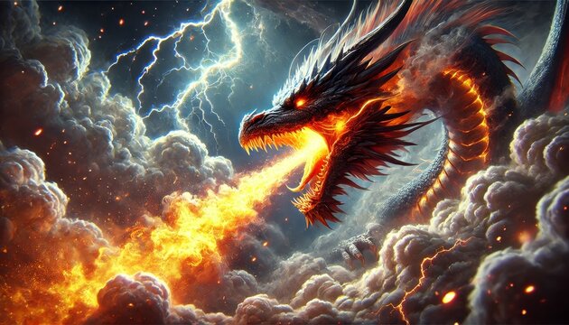 A close-up of a dragon exhaling a torrent of flames and smoke, with lightning crackling around it.