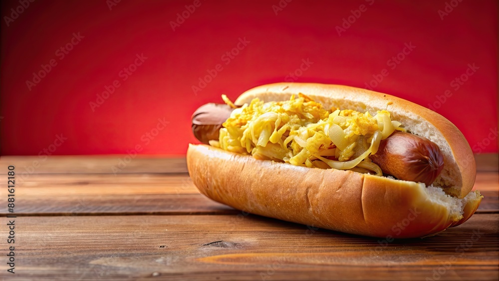 Poster Hot dog with sauerkraut and mustard on red table, food, hot dog, sauerkraut, mustard, condiments, street food, snack, delicious