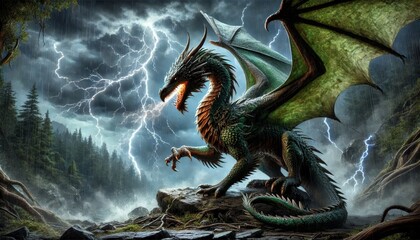 A detailed, close-up image of a majestic green dragon perched on a rock during a fierce thunderstorm in a misty forest.