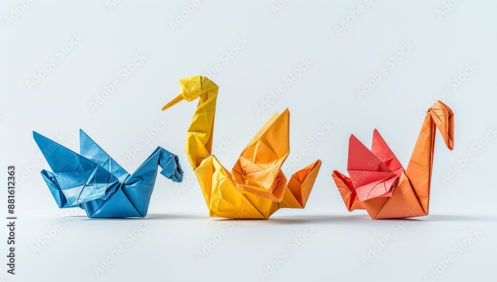 Sticker Three origami swans in different colors on a white background. AI.