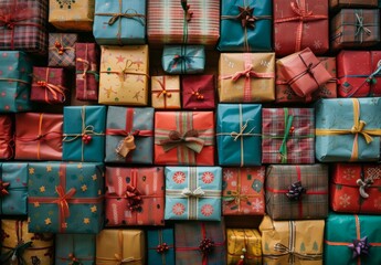 Fototapeta premium A bunch of wrapped presents are stacked on top of each other. AI.