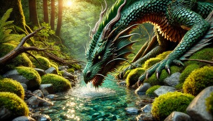 Obraz premium A detailed, close-up image of a majestic green dragon drinking from a clear, forest stream.