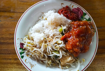 Homemade food of rice, spicy chicken and stir-fried bean sprouts