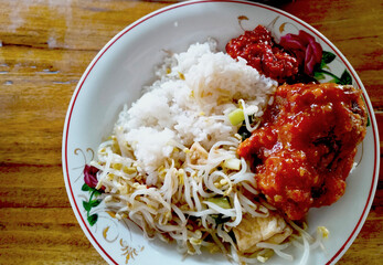 rice, picy chicken and bean sprouts on white plate and wooden background