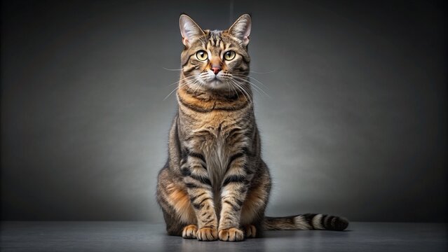 Wide shot of a American Polydactyl cat sitting, studio portrait.