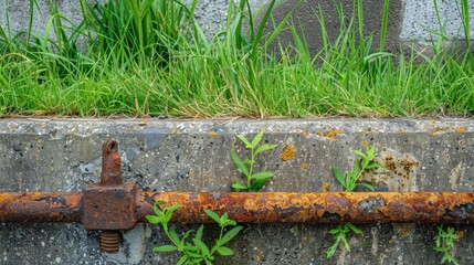 Rusty anchoring supporting ground near retaining wall with green grass
