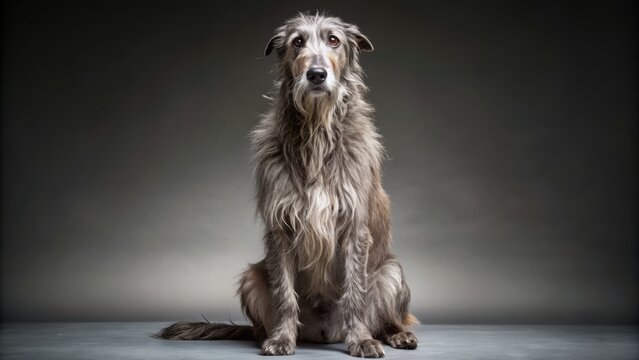 Wide shot of a Scottish Deerhound sitting, studio portrait.