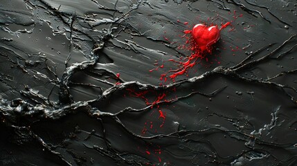 Fototapeta premium A heart in red hue rests atop monochrome paint upon black-white canvas