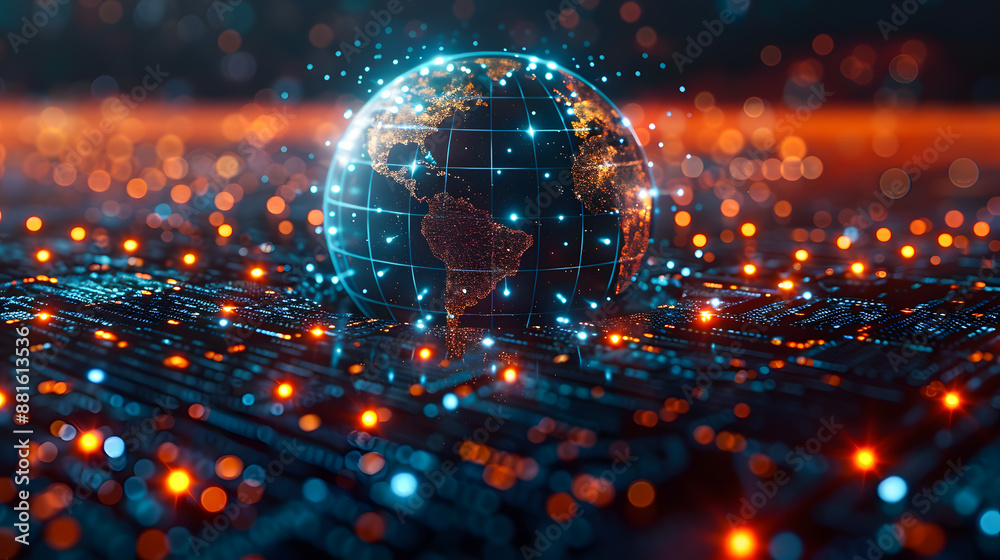 Wall mural futuristic digital globe glowing with network connection lines and nodes. concept of global internet