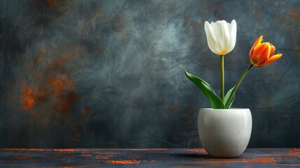 Two vibrant orange and white tulips gracefully stand in a pristine white vase, perched atop a rustic wooden table against a deep black backdrop