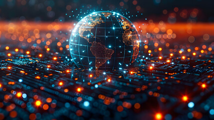 Futuristic digital globe glowing with network connection lines and nodes. Concept of global internet, data, and communication technology.