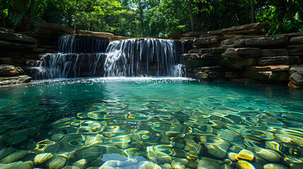 Peaceful tropical waterfall cascading into a clear, serene pool surrounded by lush greenery, perfect for relaxation and nature lovers.