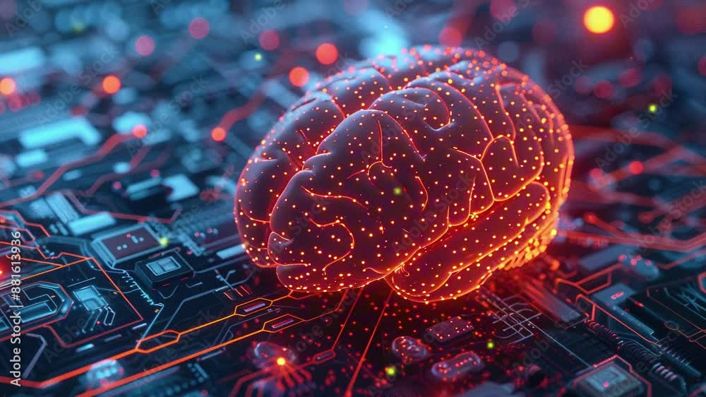 Poster Artificial Intelligence concept. 3D rendering of the human brain made from glowing digital data on a circuit board background. Futuristic technology. Hologram of a human brain. Technology background