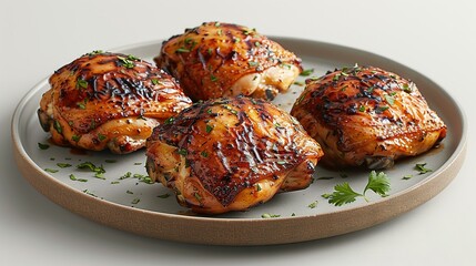   Four chicken pieces on a platter, garnished with fresh parsley