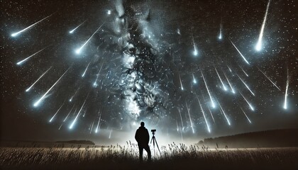 A person observing a meteor shower from an open field, capturing a mystical and awe-inspiring scene.