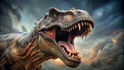 Obraz premium Ferocious tyrannosaurus rex dinosaur with sharp teeth and claws, prehistoric, predator, carnivore, giant, extinction, fierce