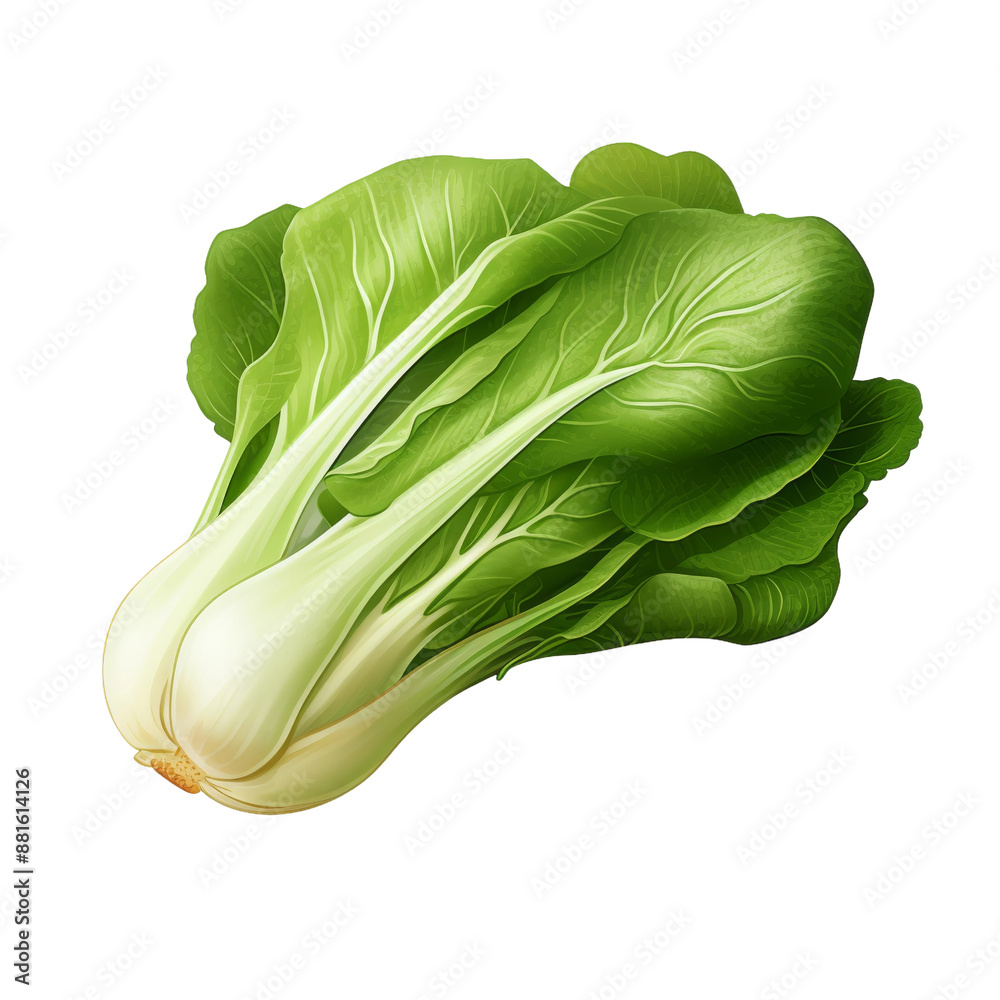 Wall mural A single, fresh green bok choy vegetable is isolated against a white background