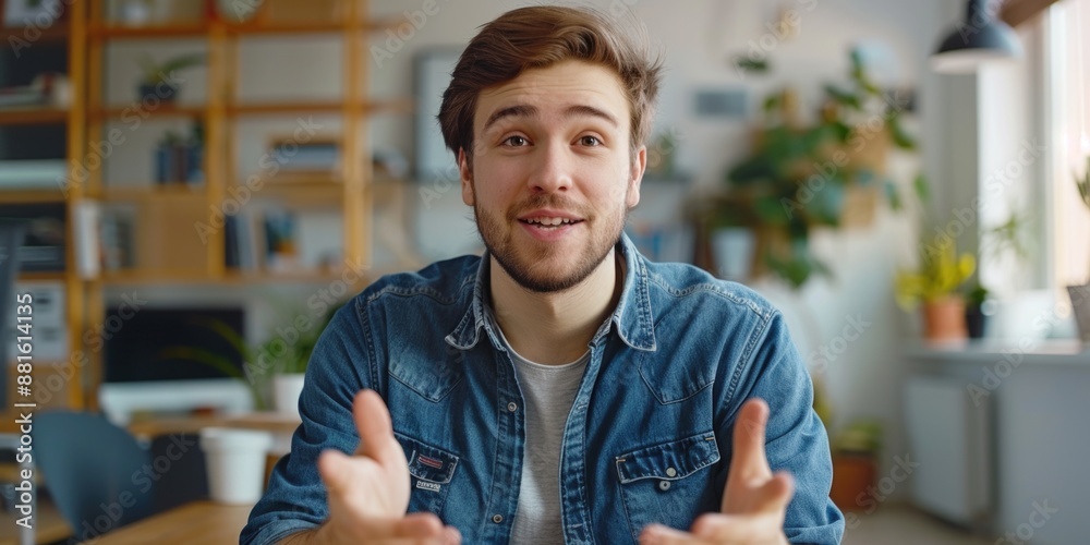 Poster Man in blue jacket is smiling and looking at camera