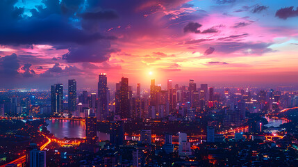 Fototapeta premium Stunning cityscape of a bustling metropolis at sunset with vibrant colors, tall skyscrapers, twinkling lights, and dramatic clouds.