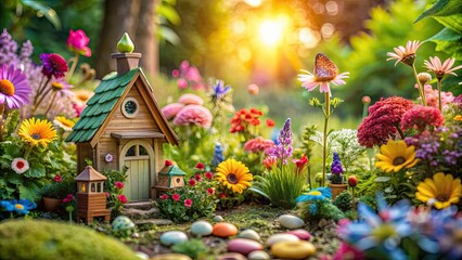 Enchanting fairy garden with whimsical decorations and colorful flowers, fairy, garden, magical, whimsical, decorations