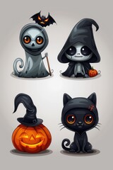 Fototapeta premium Four Halloween themed cartoon characters, including skeleton, cat, bat