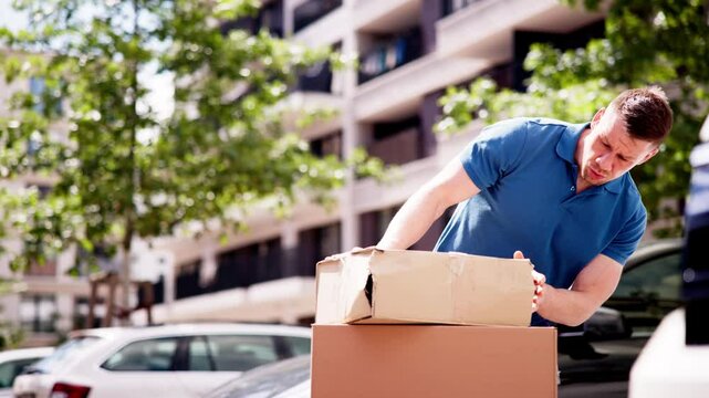 Man providing courier delivery service carries damaged package