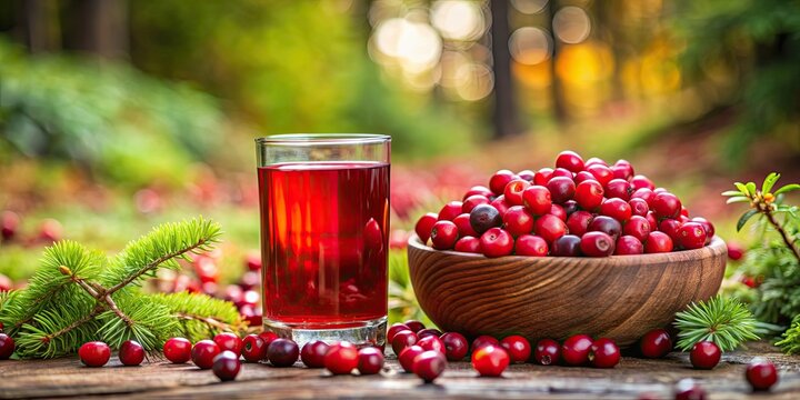 Healthy wild cranberries and cranberry juice in a natural rustic forest setting , healthy food