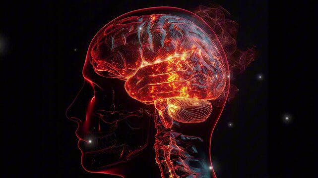 A hologram of a human brain. 3D rendering of a human head with a glowing brain on a black background. Human head with brain in a side view. Brain futuristic technology. Artificial intelligence brain 