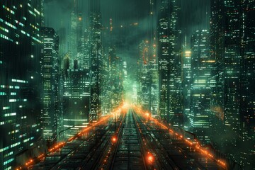 Obraz premium Cyberpunk Cityscape with Rain and Neon Lights