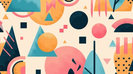 Unique geometric background with a riso print effect. Abstract shapes with color fades, layering, and exaggerated figures.