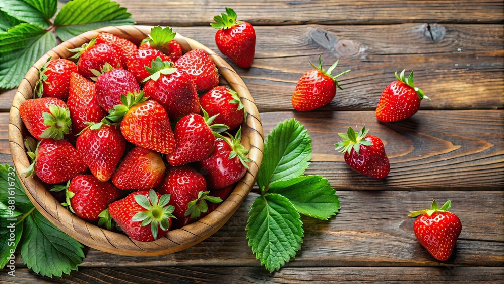 Wall mural Fresh juicy strawberries with leaves , organic, ripe, red, fruits, healthy, vitamin C, antioxidant, delicious, vibrant