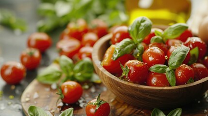 Cherry tomato salad with basil and olive oil on a wooden board
