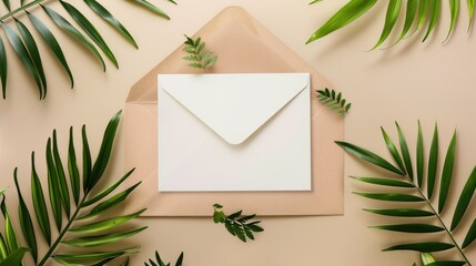 Card mockup with craft paper envelope greenery and beige background