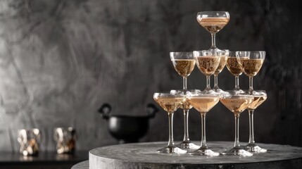 Champagne glass pyramid for formal events and weddings with luxury design and copy space