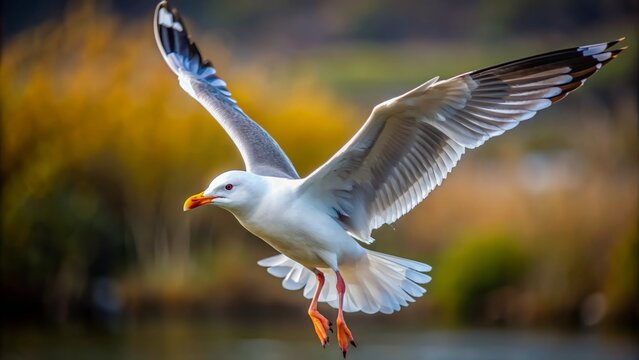 Wide shot of a Seagull in flight, studio portrait.