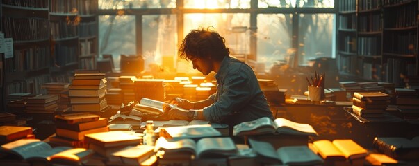 Dedicated Individual Studying in a Library Surrounded by Books with Sunlight Streaming Through the Windows
