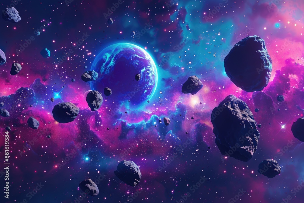 Poster colorful space scene with large planet and many small rocks