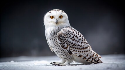 Fototapeta premium Wide shot of a Snowy Owl standing on the ground, studio portrait.