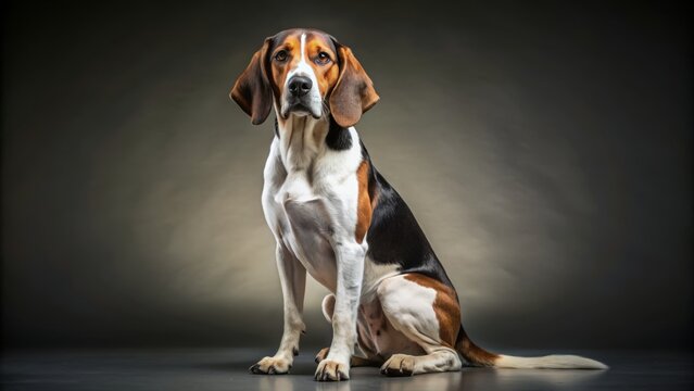 Wide shot of a Treeing Walker Coonhound sitting, studio portrait.