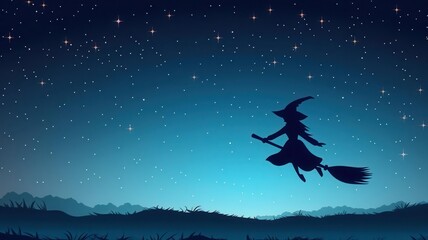 A flying witch on a broomstick silhouetted against a starry sky, pop art, vibrant and bold colors, vector art, dynamic and sharp